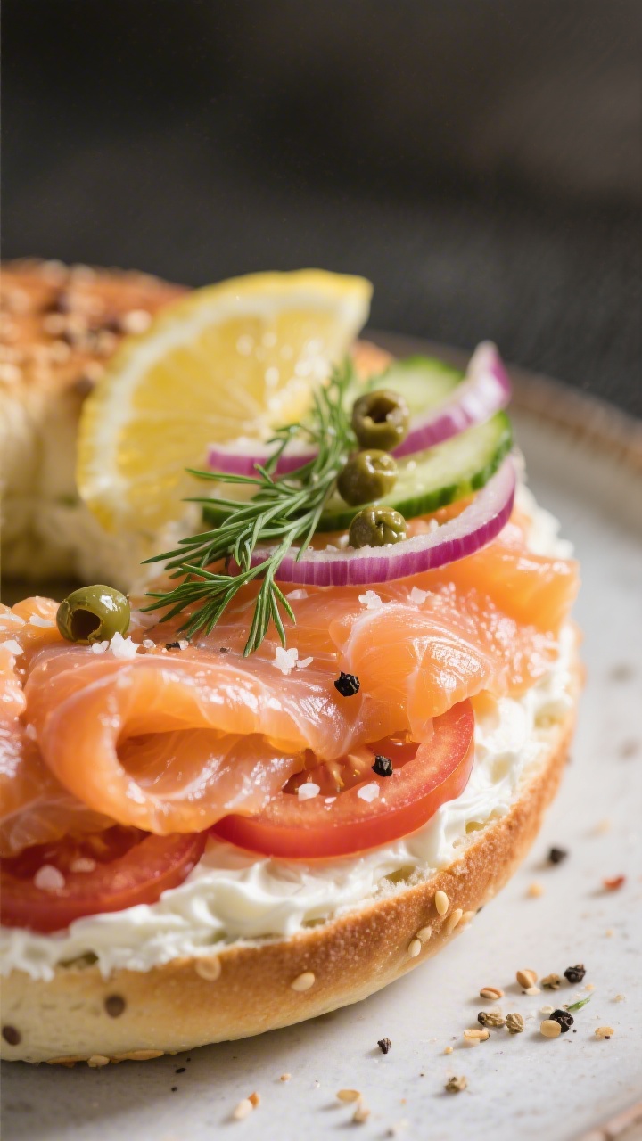 Close-up detail of a finished smoked salmon bagel, assembled and ready to bite: everything bagel bas