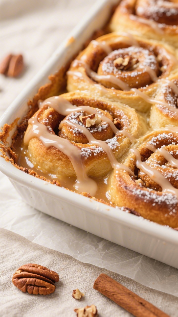 Close-up detail of a freshly baked cinnamon roll casserole corner, golden puffed edges and custardy