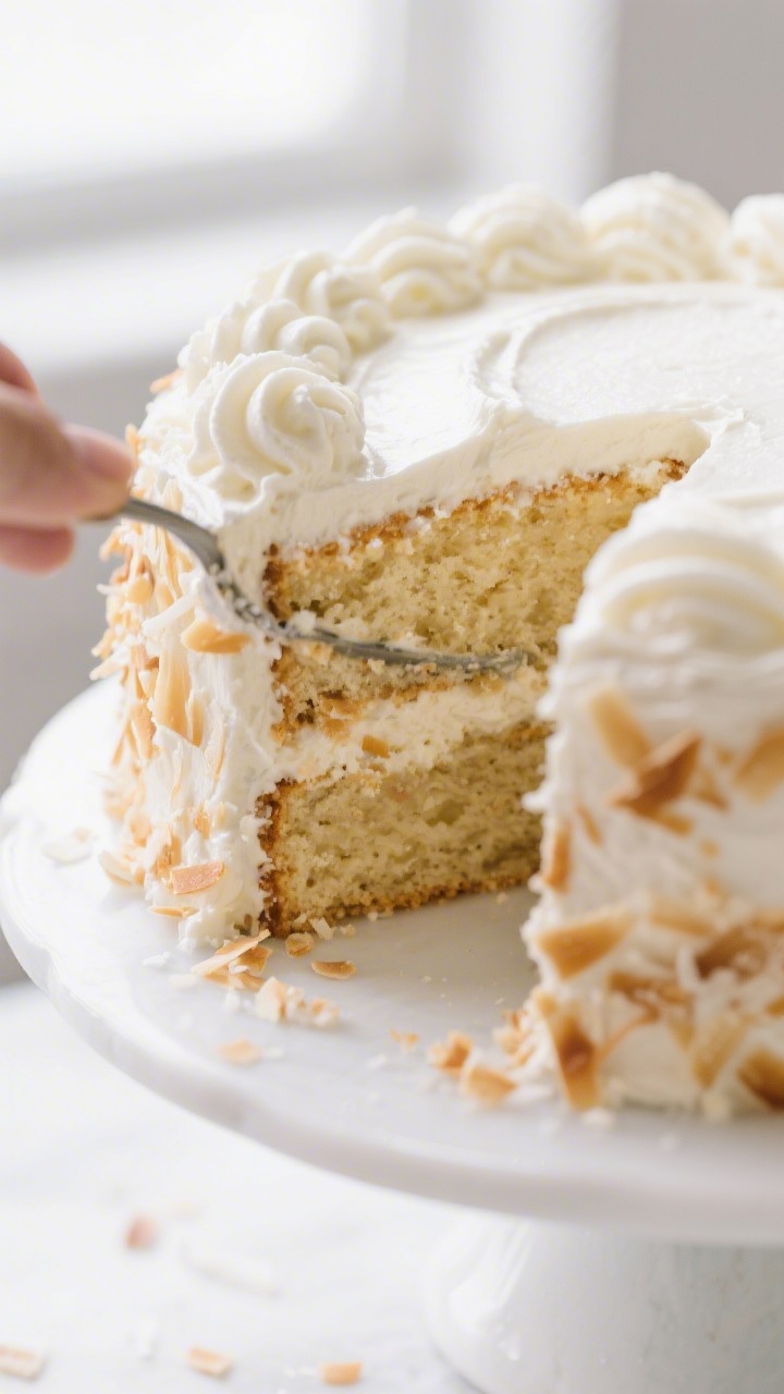Close-up detail of a freshly frosted Coconut Cream Cake slice being lifted from the cake, showing ul