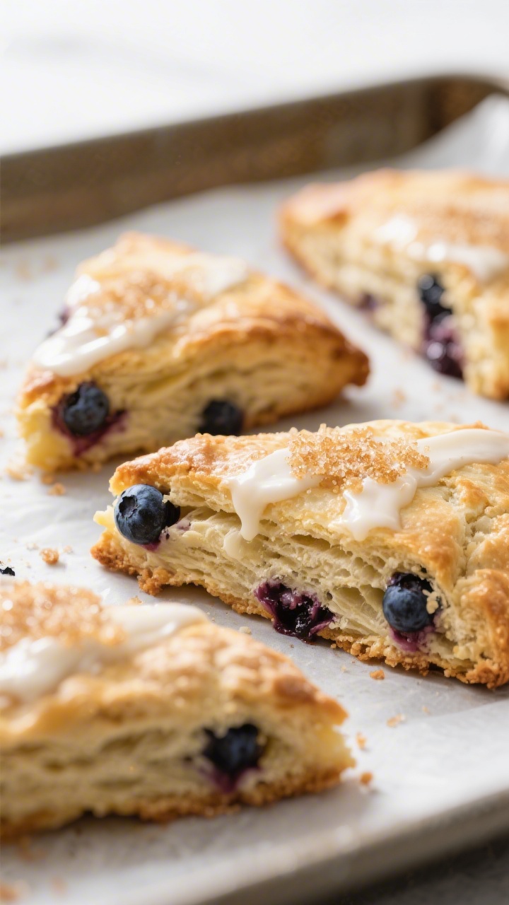 Close-up detail of freshly baked blueberry lemon scone wedges just out of the oven on a parchment-li