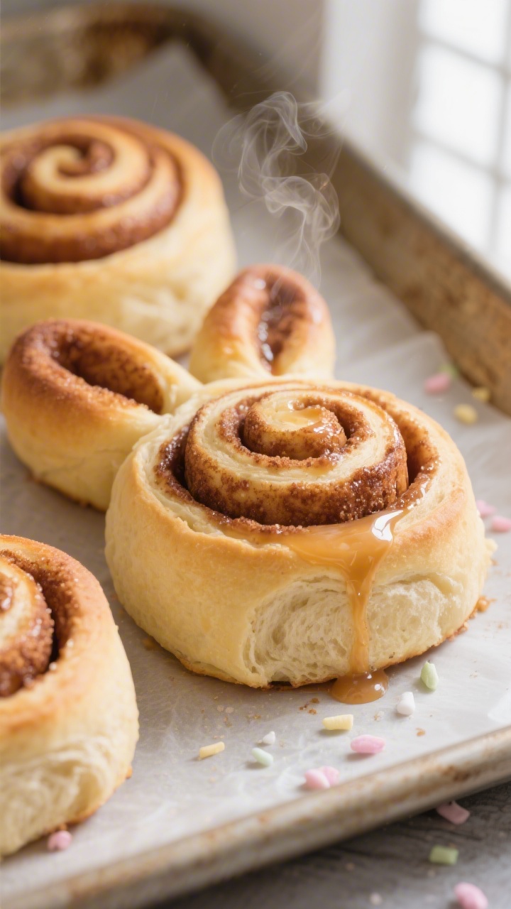 Close-up detail of freshly baked Easter Bunny Cinnamon Rolls just out of the oven: lightly golden ed