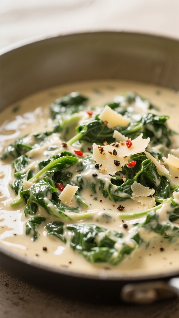 Close-up detail of glossy creamed spinach just after folding in the greens: silky cream sauce clingi