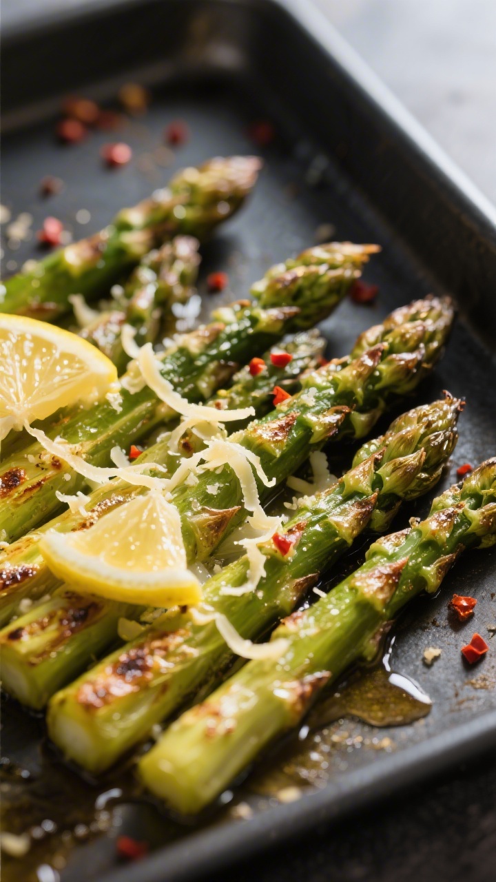 Close-up detail: Roasted asparagus spears just out of the oven, tips lightly browned and crisp with 