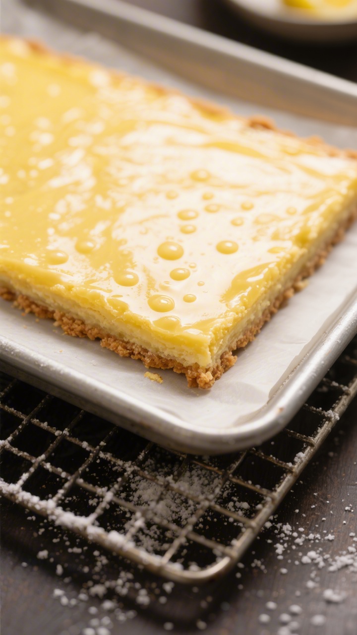 Close-up detail shot: A just-baked lemon bar slab cooling in a parchment-lined 9x13 metal pan, the s