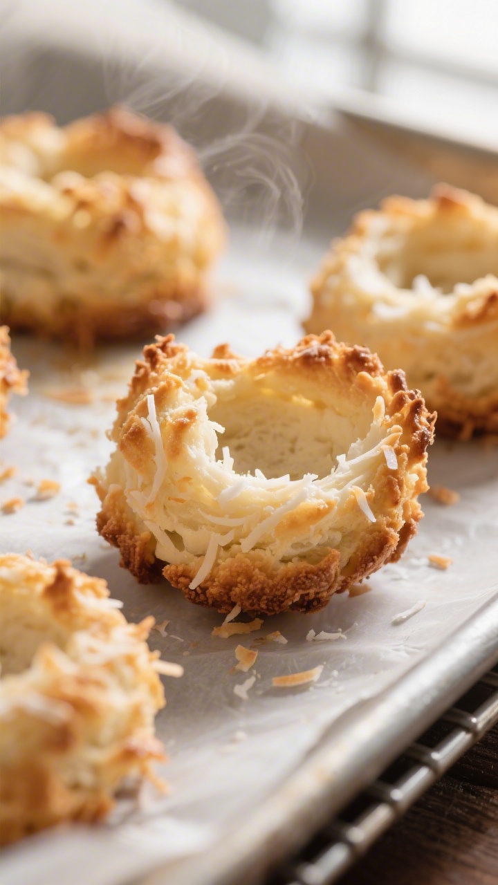 Close-up detail shot: Freshly baked coconut macaroon nests just out of the oven, edges deep golden a