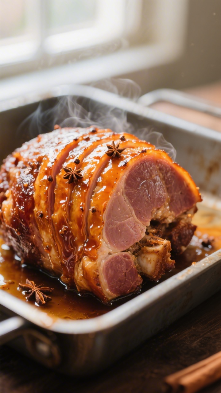 Close-up detail shot of a caramelized, spiral-sliced glazed Easter ham just after the second glazing