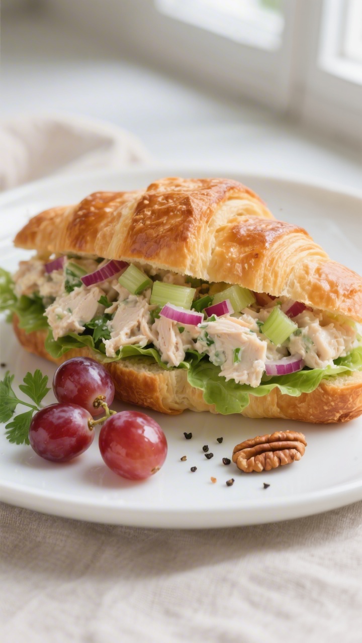 Close-up detail shot of a freshly assembled chicken salad croissant sandwich: buttery, flaky croissa