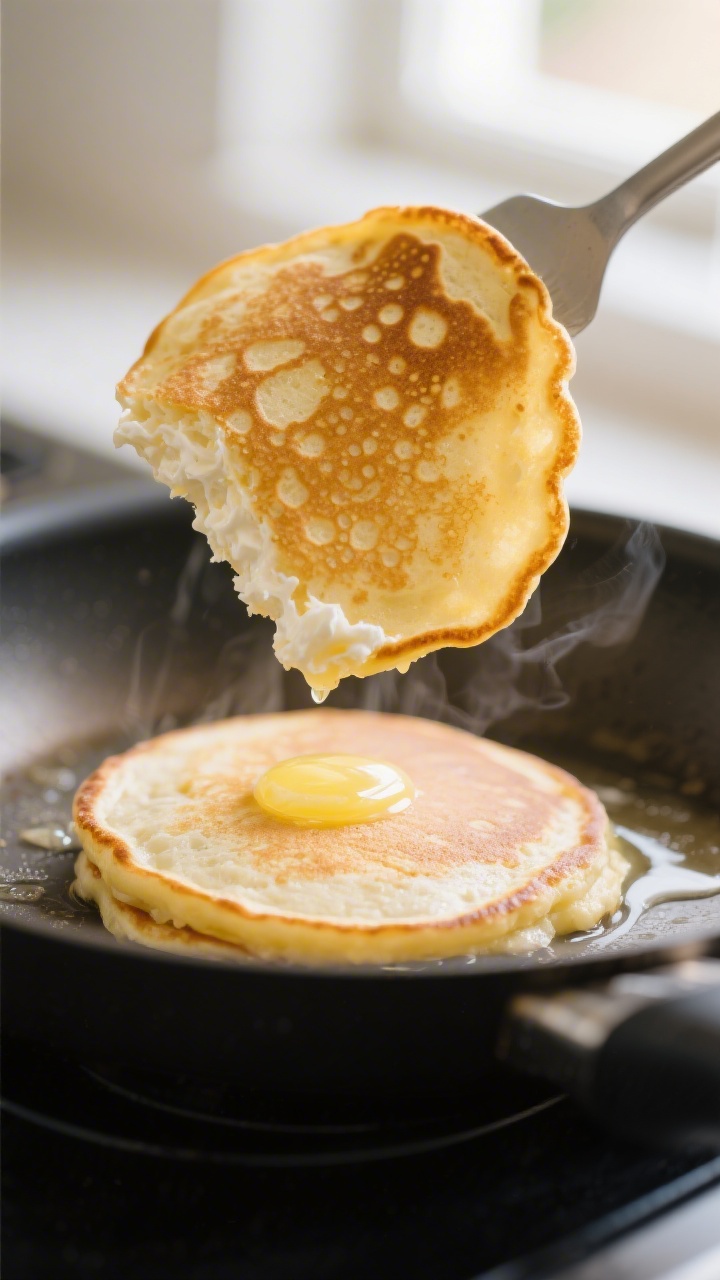 Close-up detail shot of a just-cooked Lemon Ricotta Pancake on a nonstick skillet mid-batch, golden