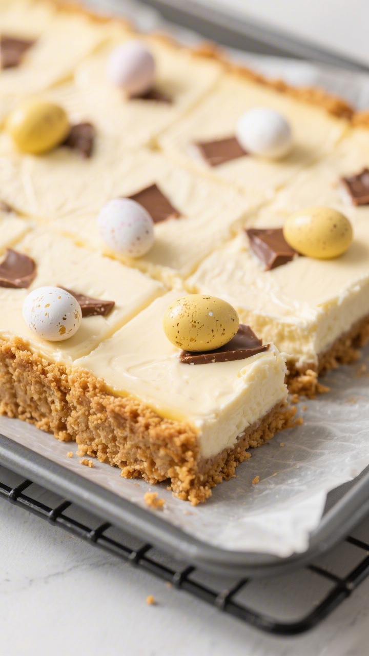 Close-up detail shot of freshly baked Mini Egg Cheesecake Bars just out of the pan, showing a golden