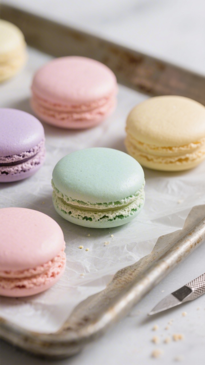 Close-up detail shot of freshly baked pastel Easter macaron shells cooling on a parchment-lined tray