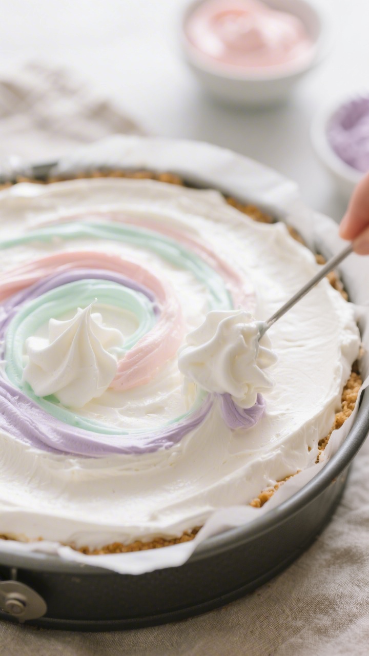Close-up detail shot of the no-bake cheesecake filling being swirled: a glossy, cloud-like cream che