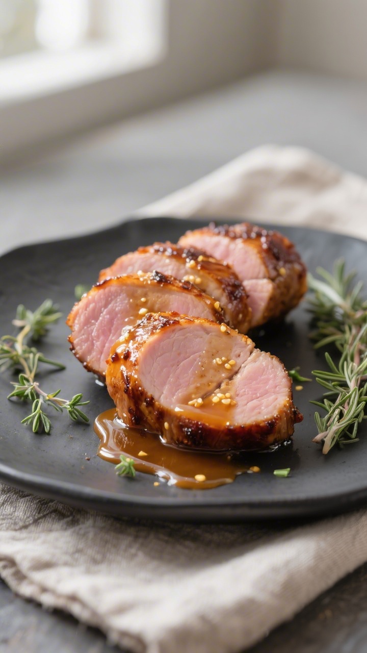 Close-up detail: Sliced Maple Dijon Pork Tenderloin medallions just after resting, glossy caramelize