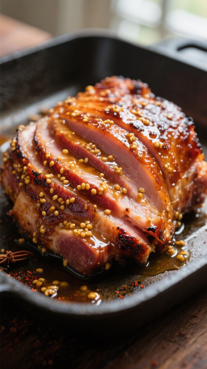 Close-up detail: Sticky, caramelized honey-mustard glazed ham surface mid-bake, spiral slices fanned