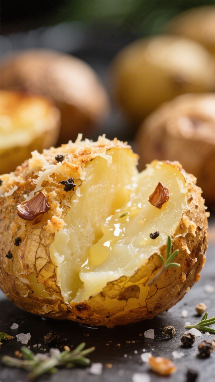 Close-up detail, texture focus: Macro shot of a single roasted potato piece broken open to show crea