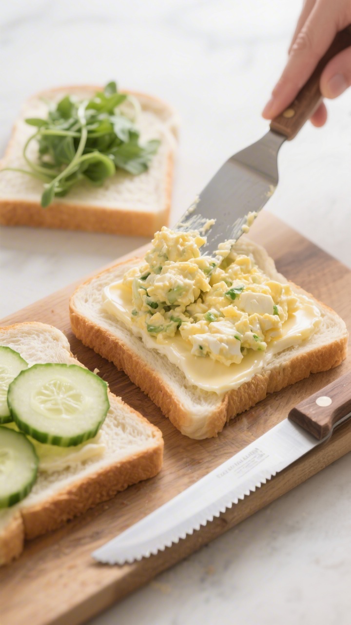 Cooking process: Assembling egg salad tea sandwiches—thin, buttered white sandwich bread laid out 