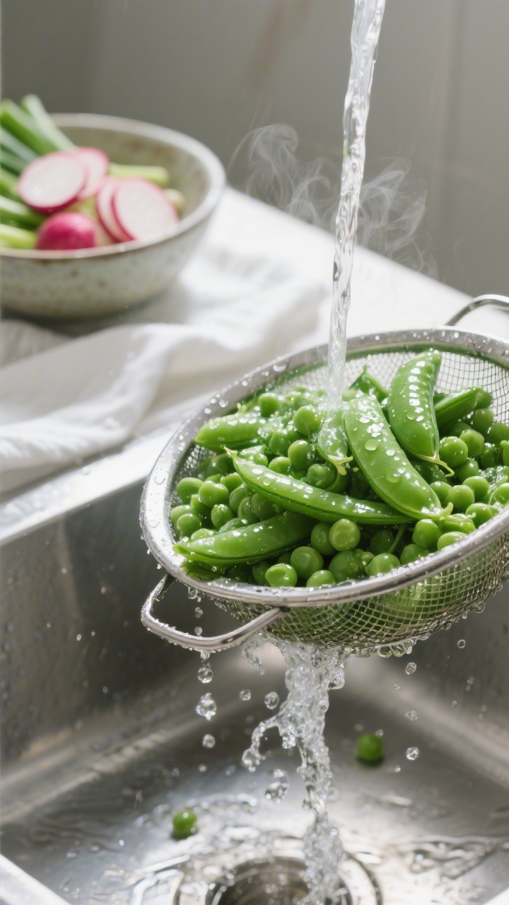 Cooking process – Bright green peas just blanched and shocked: Close-up of a colander of tender, g