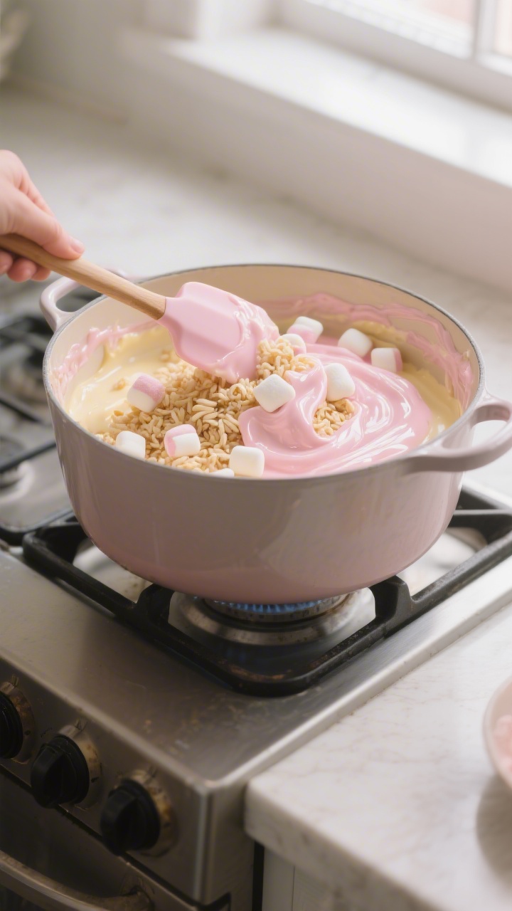 Cooking process close-up: A large pot on a stovetop with the freshly melted, glossy marshmallow-butt