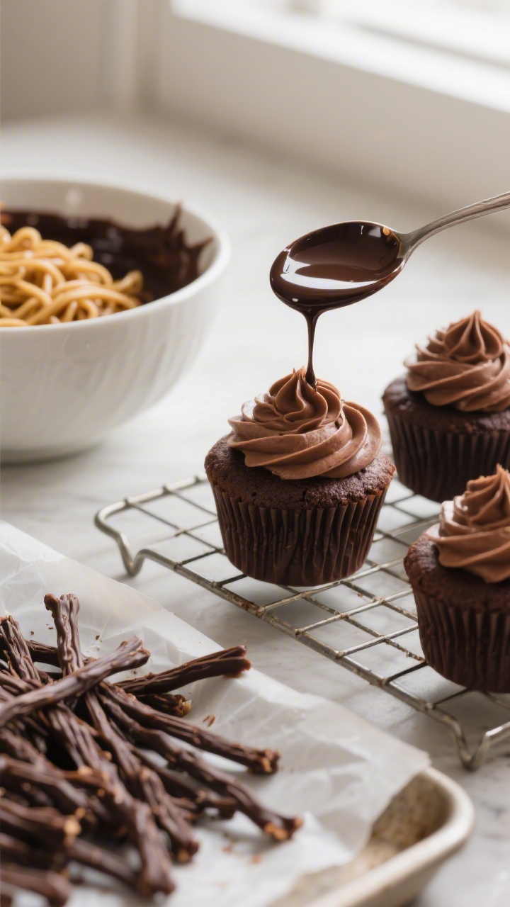 Cooking process close-up: Freshly baked chocolate cupcakes cooling on a wire rack, each topped with 