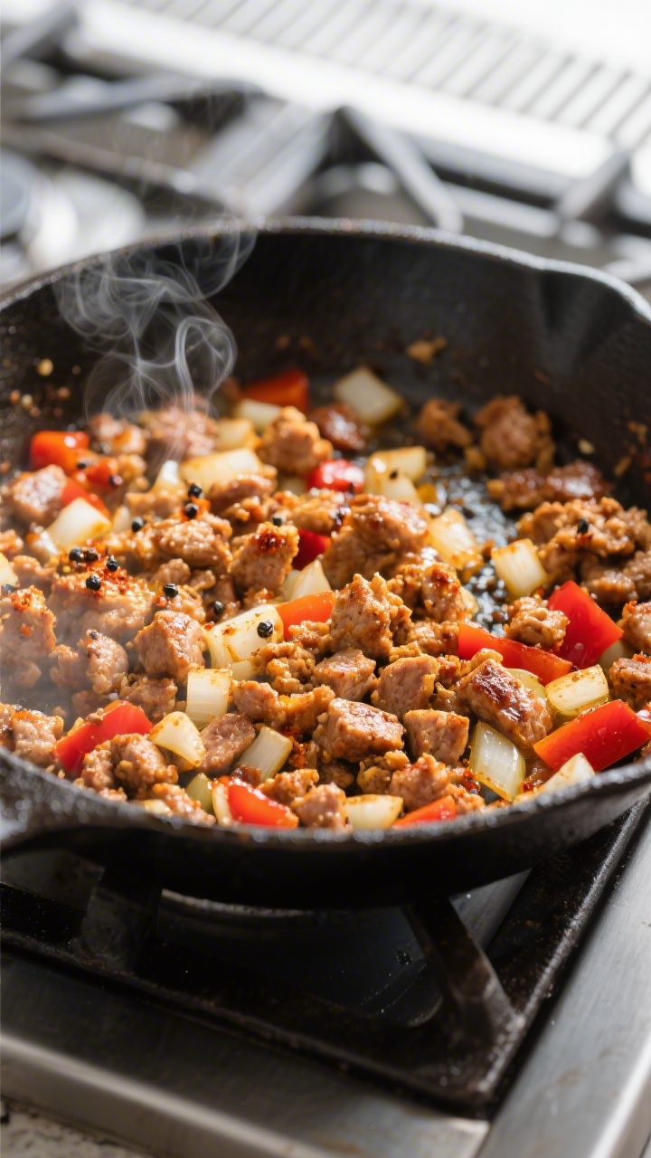 Cooking process close-up: Golden-brown breakfast sausage crumbles sizzling with softened diced onion