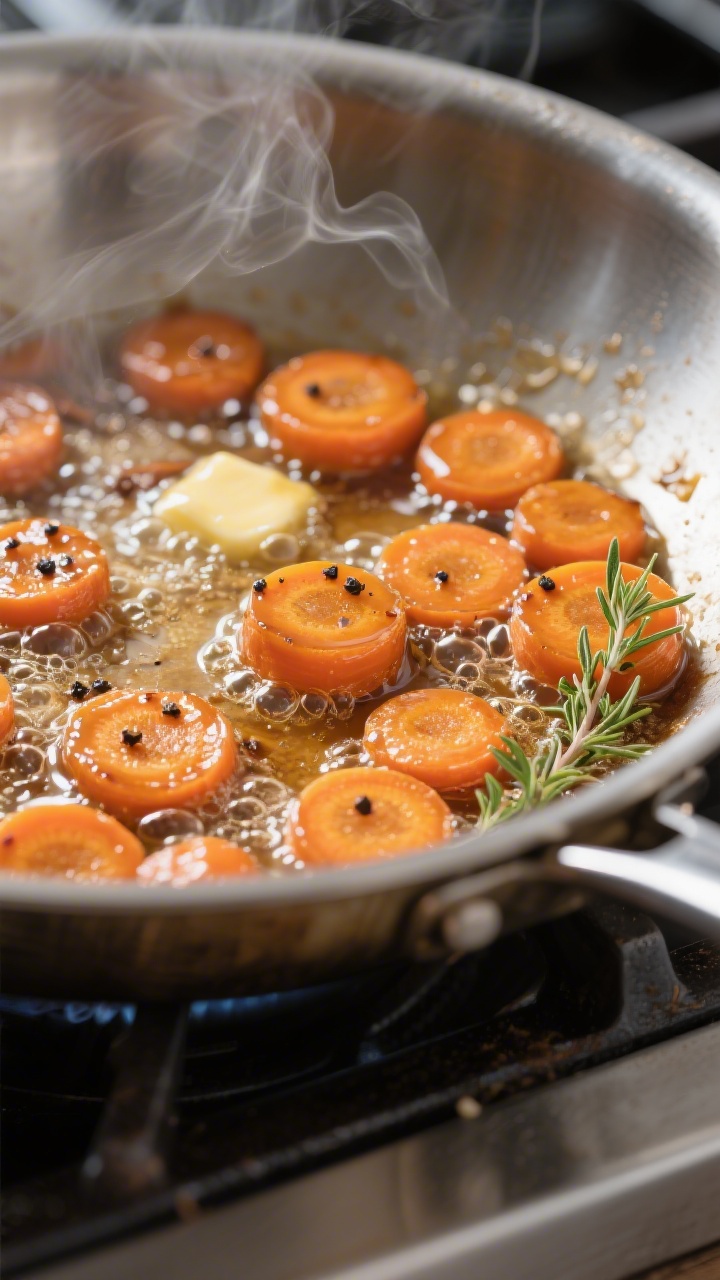 Cooking process close-up: Honey glazed carrots simmering in a wide stainless skillet, medium heat, g