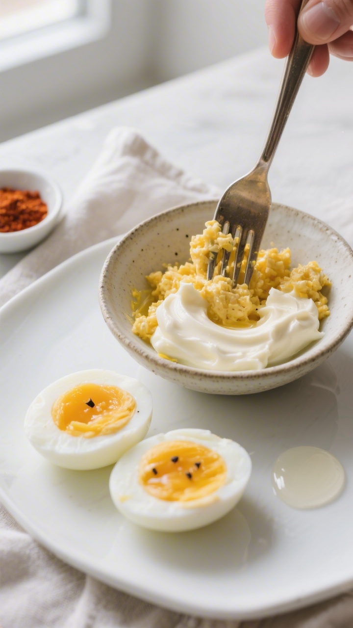 Cooking process close-up: Just-peeled hard-boiled eggs halved lengthwise on a clean white platter, y