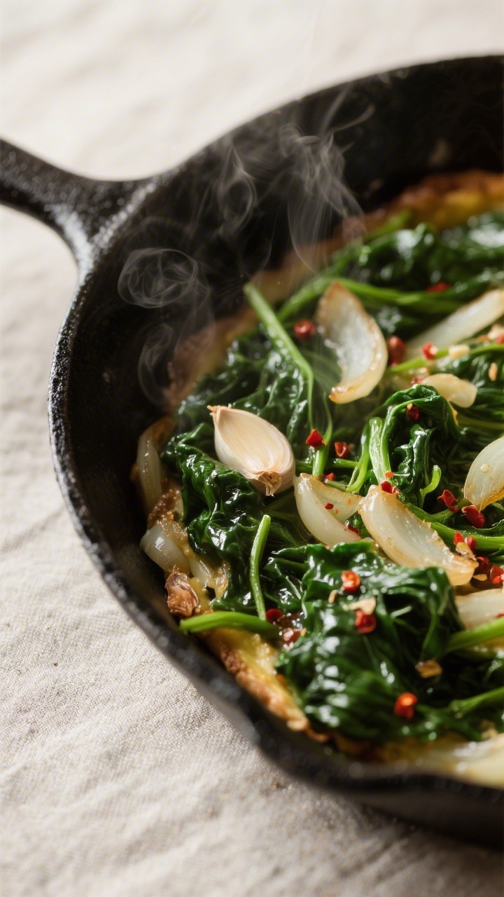 Cooking process close-up: Sautéed onion and garlic folded with wilted spinach in a skillet, moistur