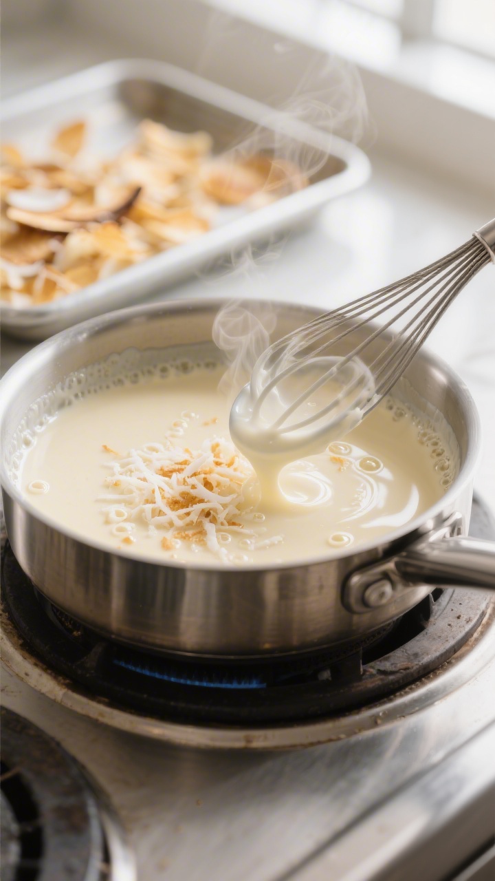 Cooking process close-up: Silky coconut custard thickening in a stainless saucepan on medium heat, g
