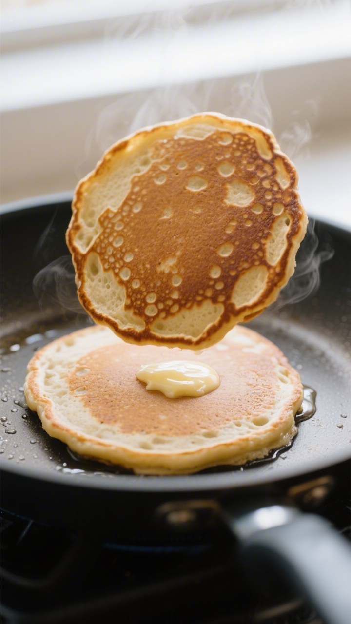 Cooking process close-up: Sourdough pancakes on a preheated nonstick skillet over medium heat, edges