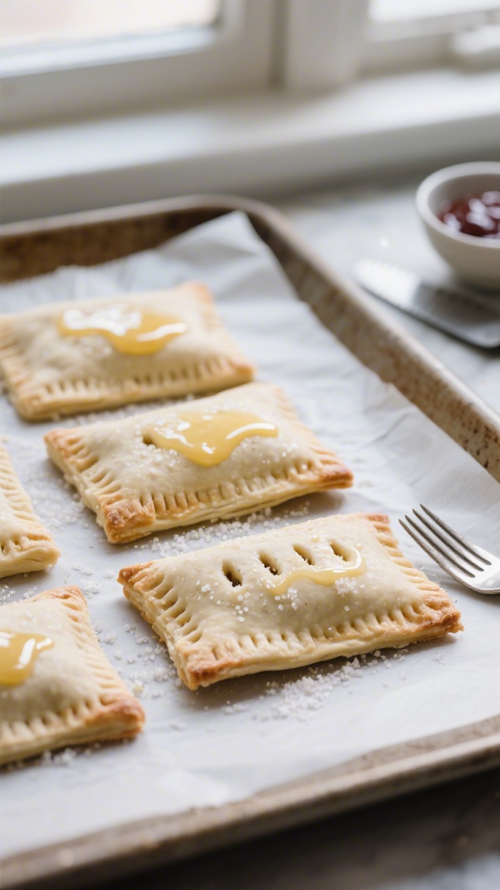 Cooking process close-up: Unbaked sourdough pop tarts on a parchment-lined sheet just before the fin