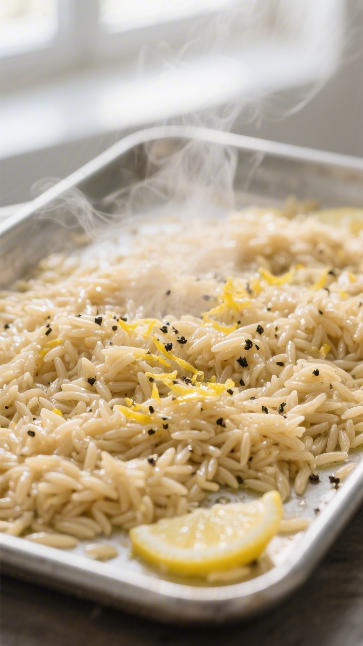 Cooking process, close-up: Warm orzo just drained and spread on a sheet pan, steam gently rising, gl