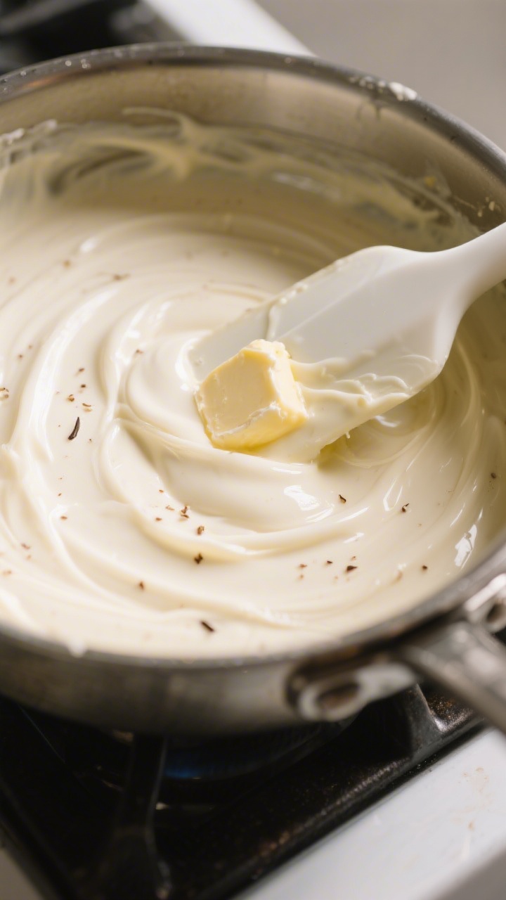 Cooking process close-up: White chocolate fudge base melting in a heavy-bottomed saucepan, about 75%