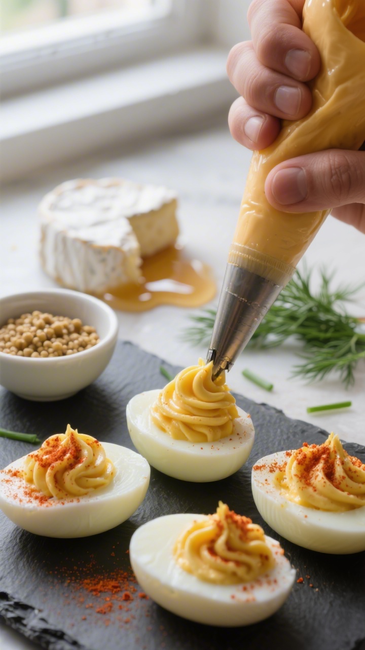 Cooking process: Deviled eggs being piped with a silky, paprika-dusted yolk filling onto a slate boa