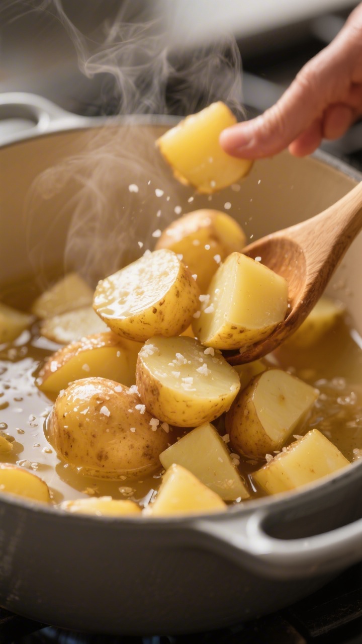 Cooking process – Gently tossing just-cooked Yukon Gold potato cubes in a warm pot with a glisten
