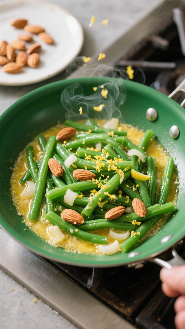 Cooking process: Green Bean Almondine being finished in the pan—overhead shot of blanched beans ju