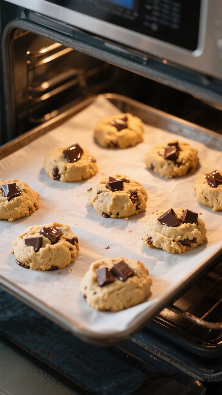 Cooking process: Mid-bake scene of cookie dough mounds on a parchment-lined sheet pan inside a 350°