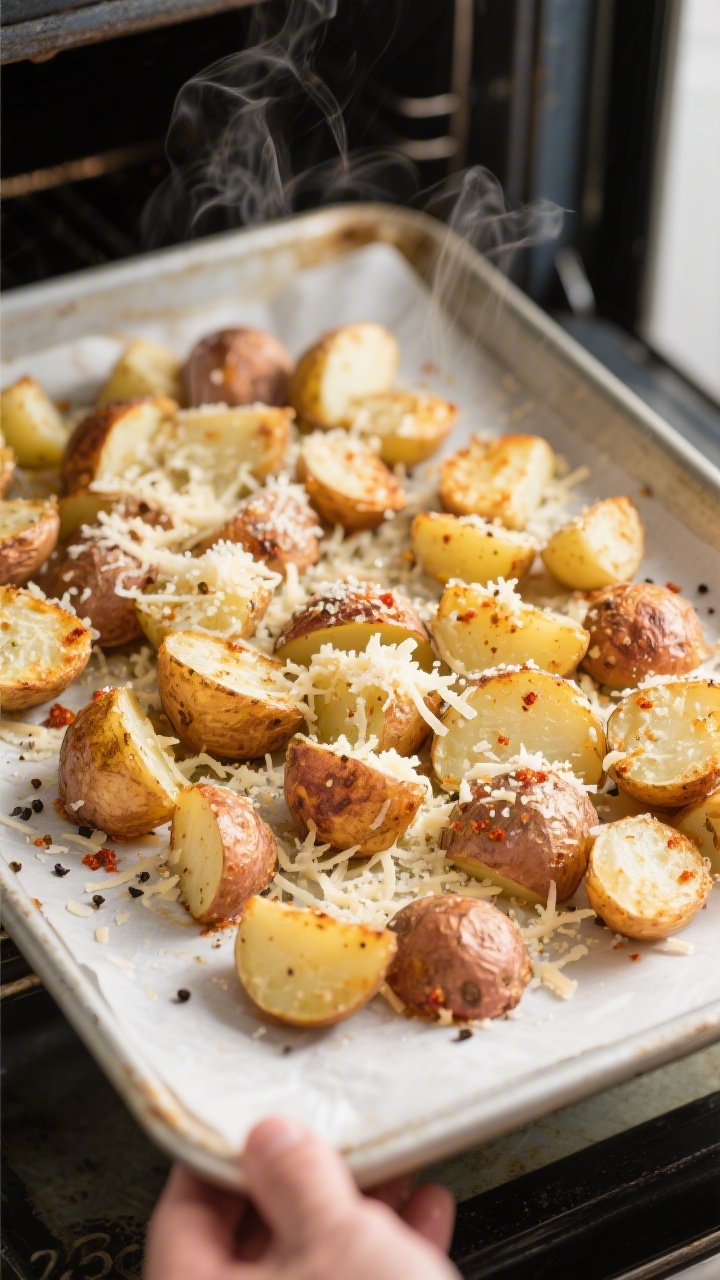 Cooking process, oven-crisp stage: Hot rimmed baking sheet just pulled from a 425°F oven with Garli