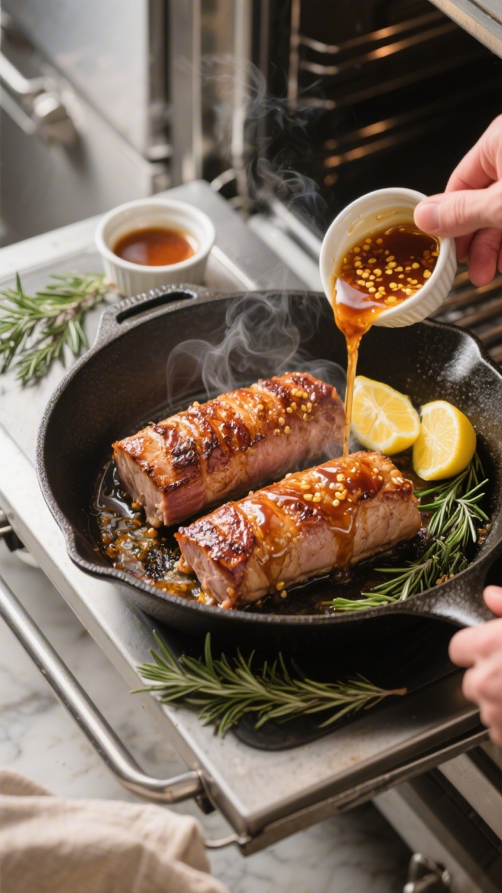 Cooking process: Oven-safe skillet coming out of the oven with two seared pork tenderloins mid-roast