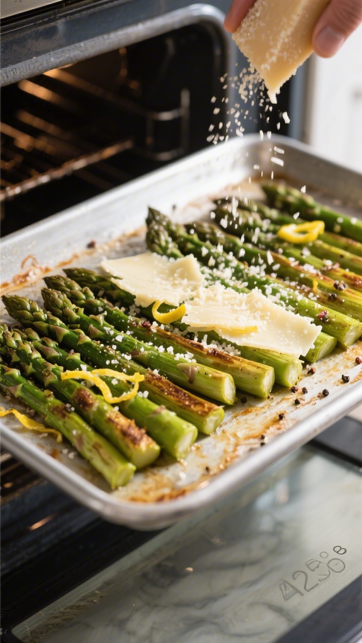 Cooking process: Overhead shot of asparagus roasting at 425°F on a preheated rimmed baking sheet, s