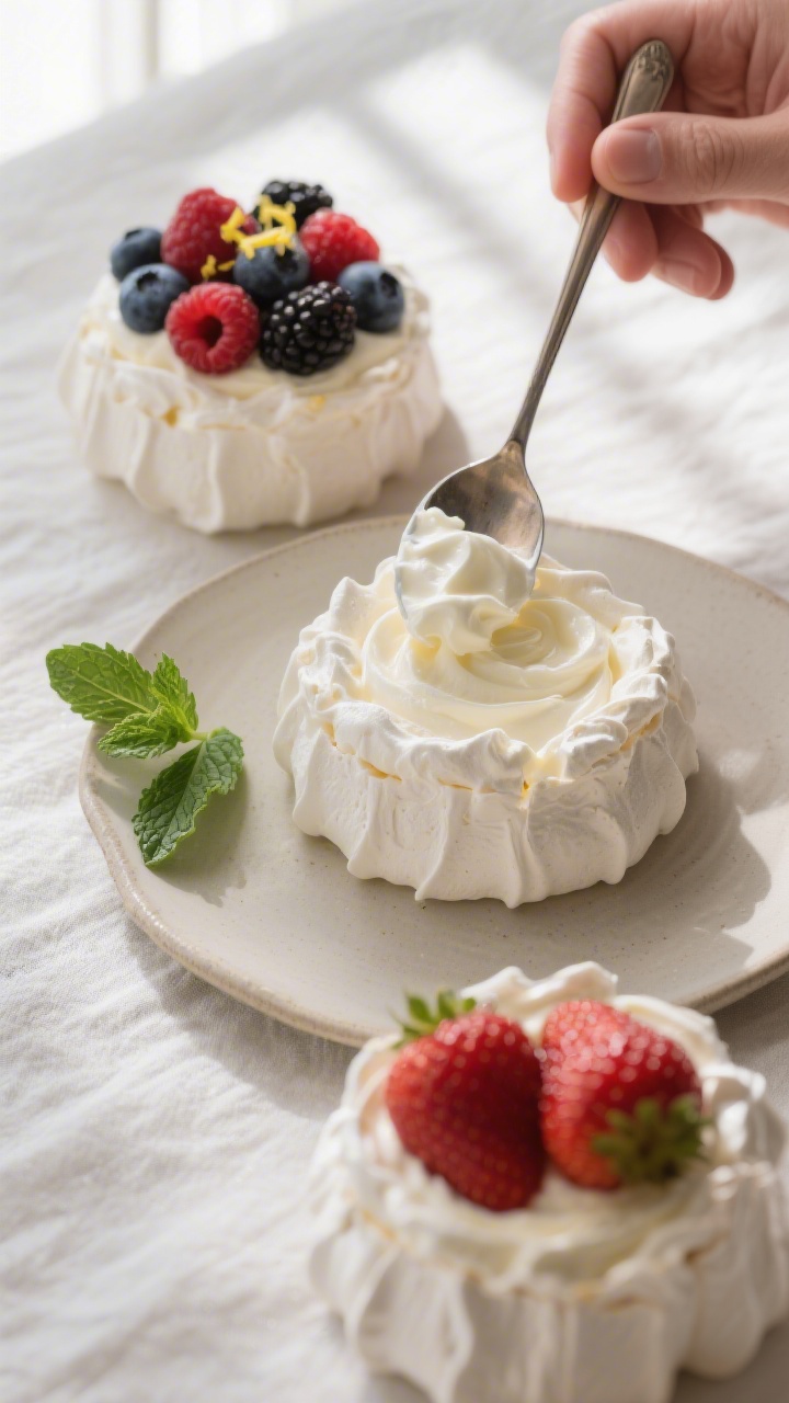 Cooking process: Overhead shot of assembly moment—spoonful of softly whipped vanilla cream settlin