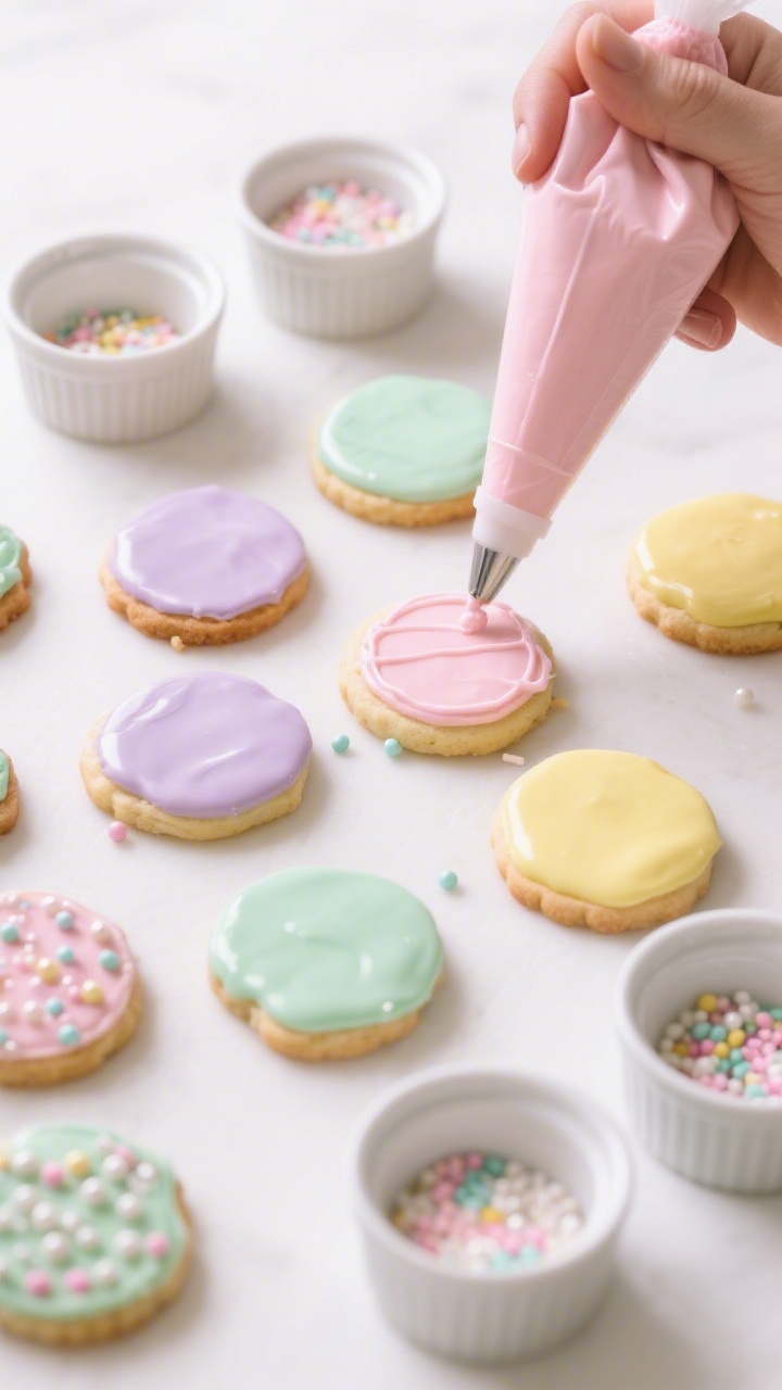 Cooking process: Overhead shot of cooled cookies being decorated—outline-and-flood technique in ac