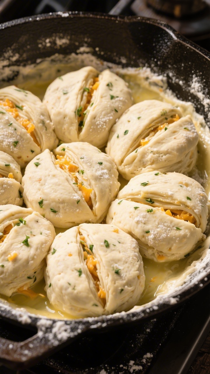 Cooking process: Overhead shot of cut, unbaked Cheddar Herb Biscuit rounds nestled closely in a butt