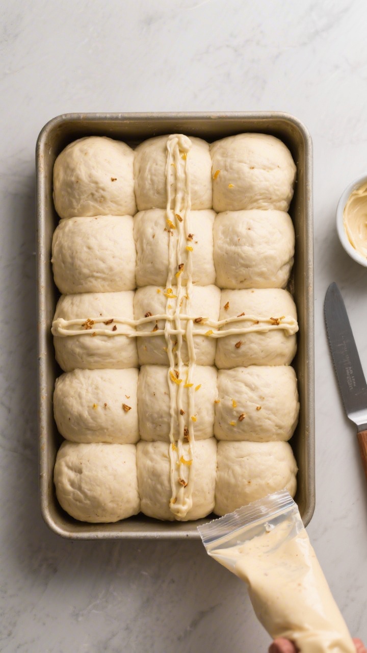 Cooking process: Overhead shot of proofed, shaped dough balls arranged snugly in a 9x13-inch pan, cr