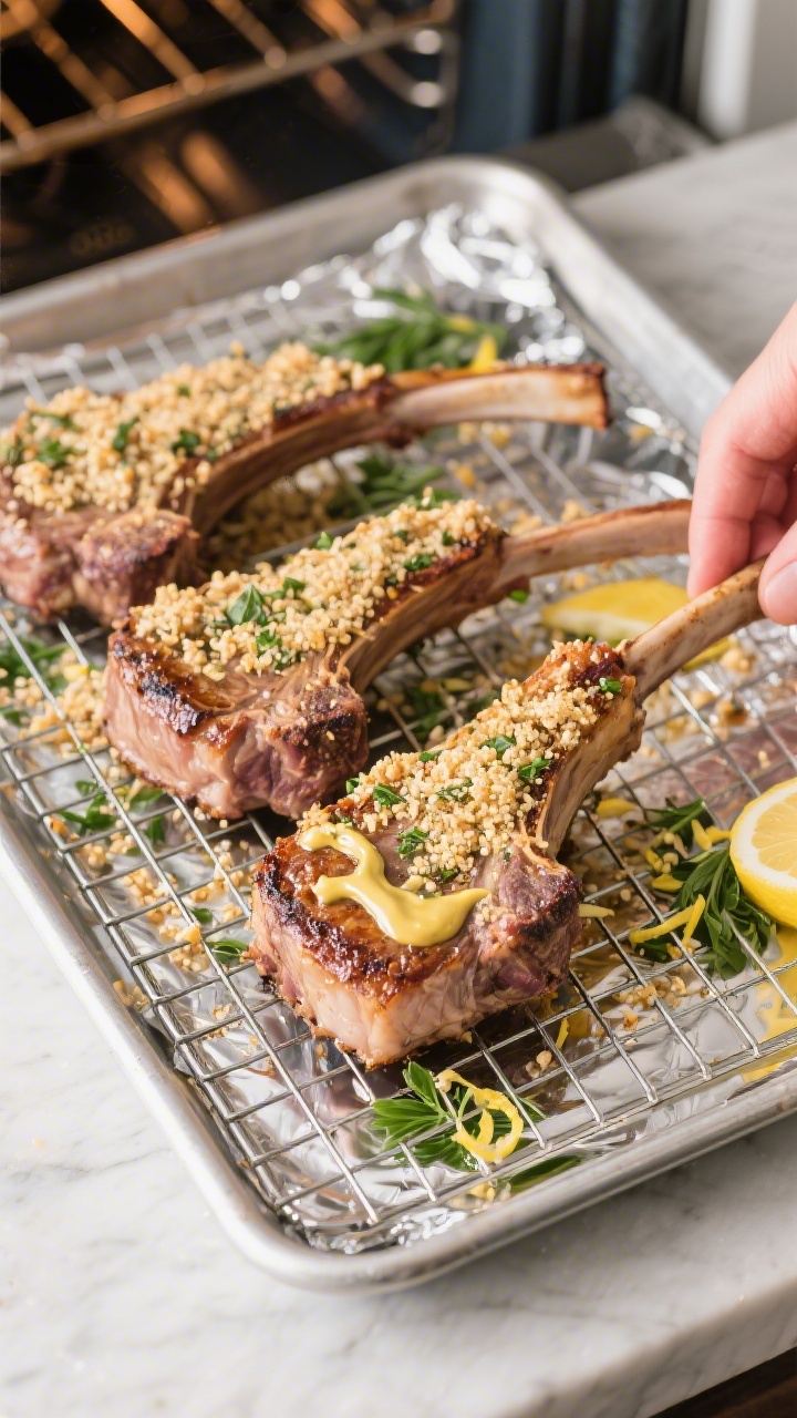 Cooking process: Overhead shot of seared racks of lamb on a wire rack over a foil-lined sheet pan, b