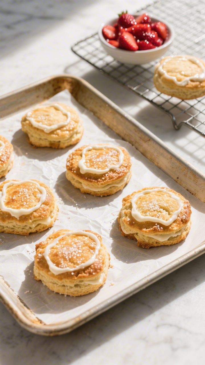 Cooking process: Overhead shot of shaped shortcakes on a parchment-lined baking sheet right out of t