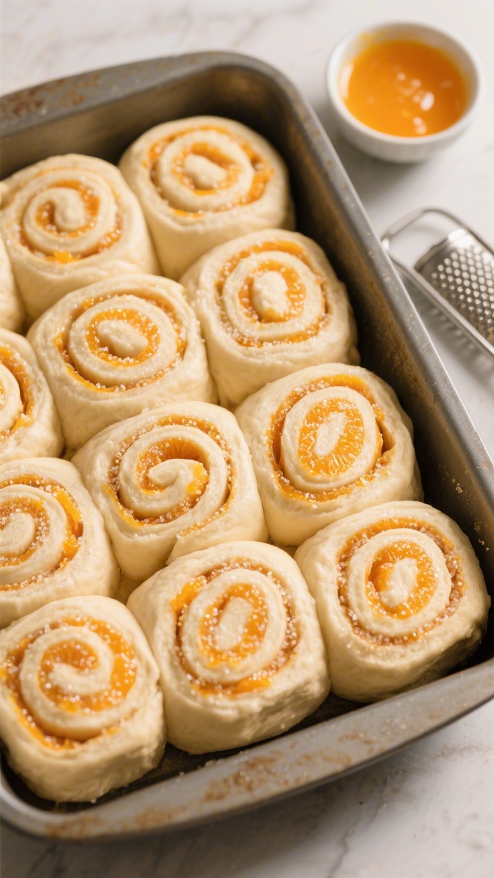 Cooking process: Overhead shot of sliced orange-sugar swirl rolls arranged in a greased baking dish 