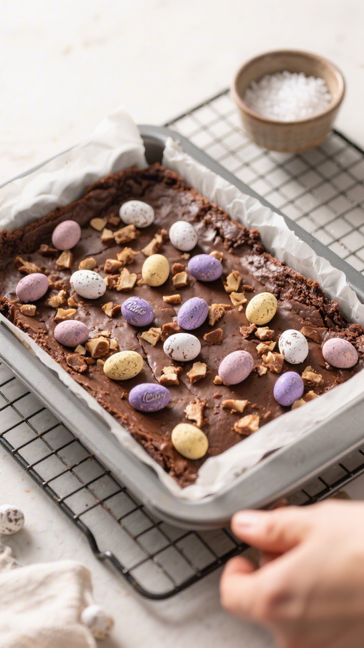 Cooking process: Overhead shot of the 9x13 metal pan fresh from the oven, brownies fully baked and c