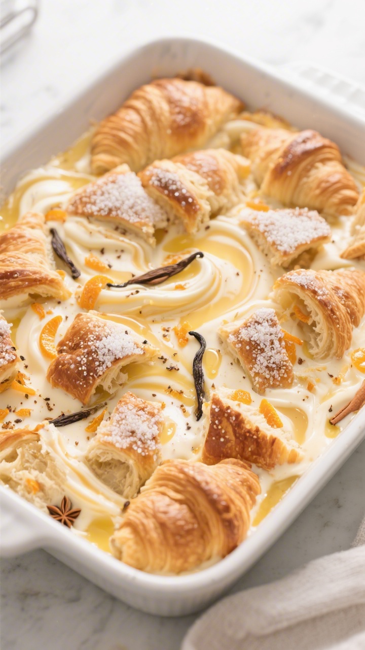 Cooking process: Overhead shot of the assembled bake during soak time—torn croissant pieces presse