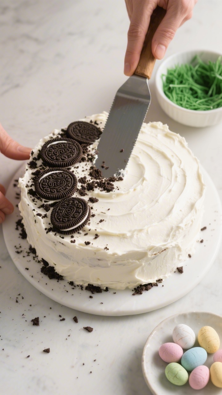 Cooking process: Overhead shot of the assembled cake being finished—an even, cloud-like cream laye