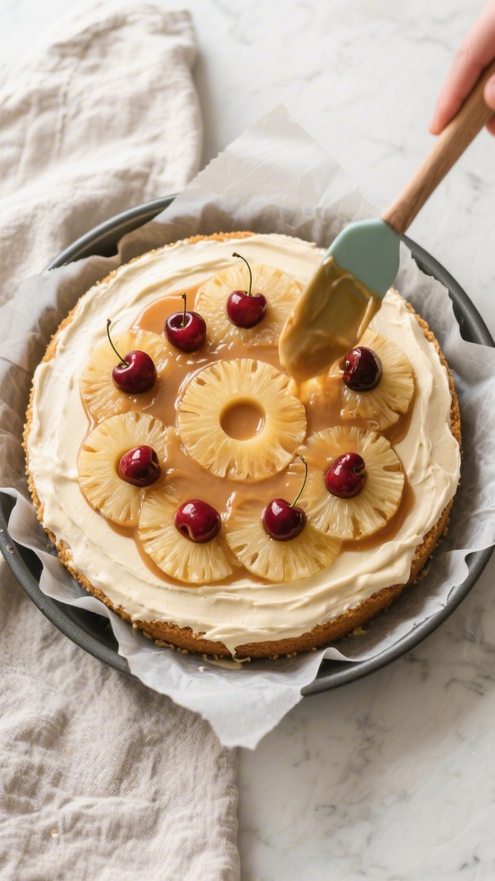 Cooking process: Overhead shot of the assembled cake just before baking—thick vanilla-scented batt