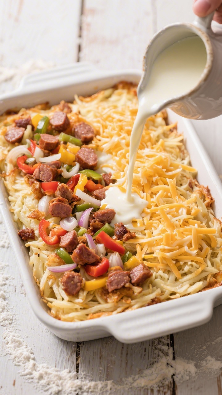 Cooking process: Overhead shot of the assembled casserole right before baking—an even layer of tha